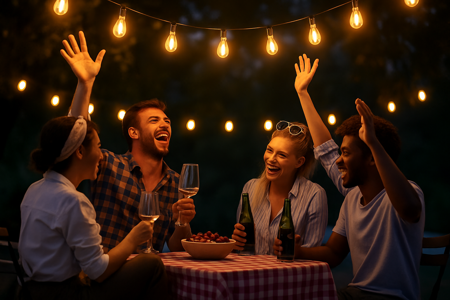 Group of friends enjoying a meal and drinks outdoors under string lights at night.