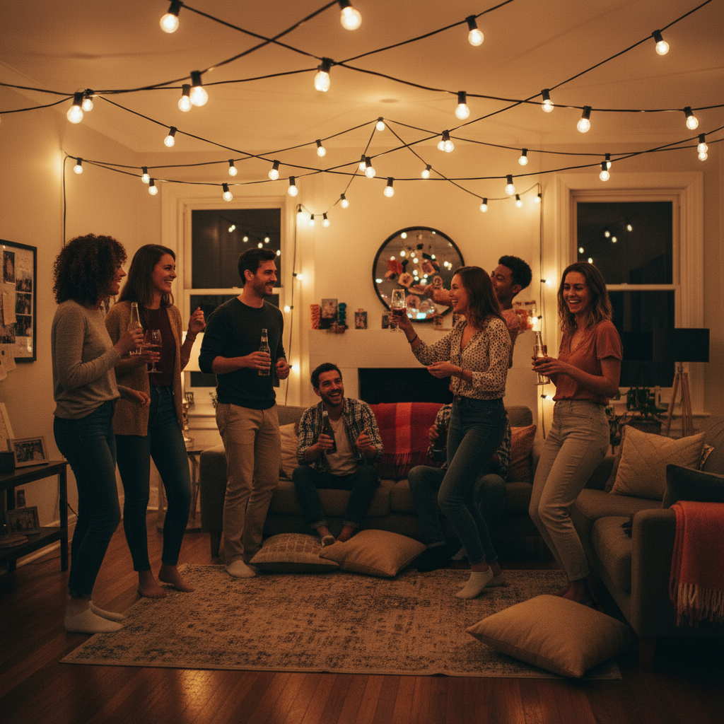 Group of friends socializing in a cozy living room with string lights.