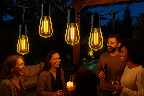 Group of people enjoying a gathering under string lights at night.