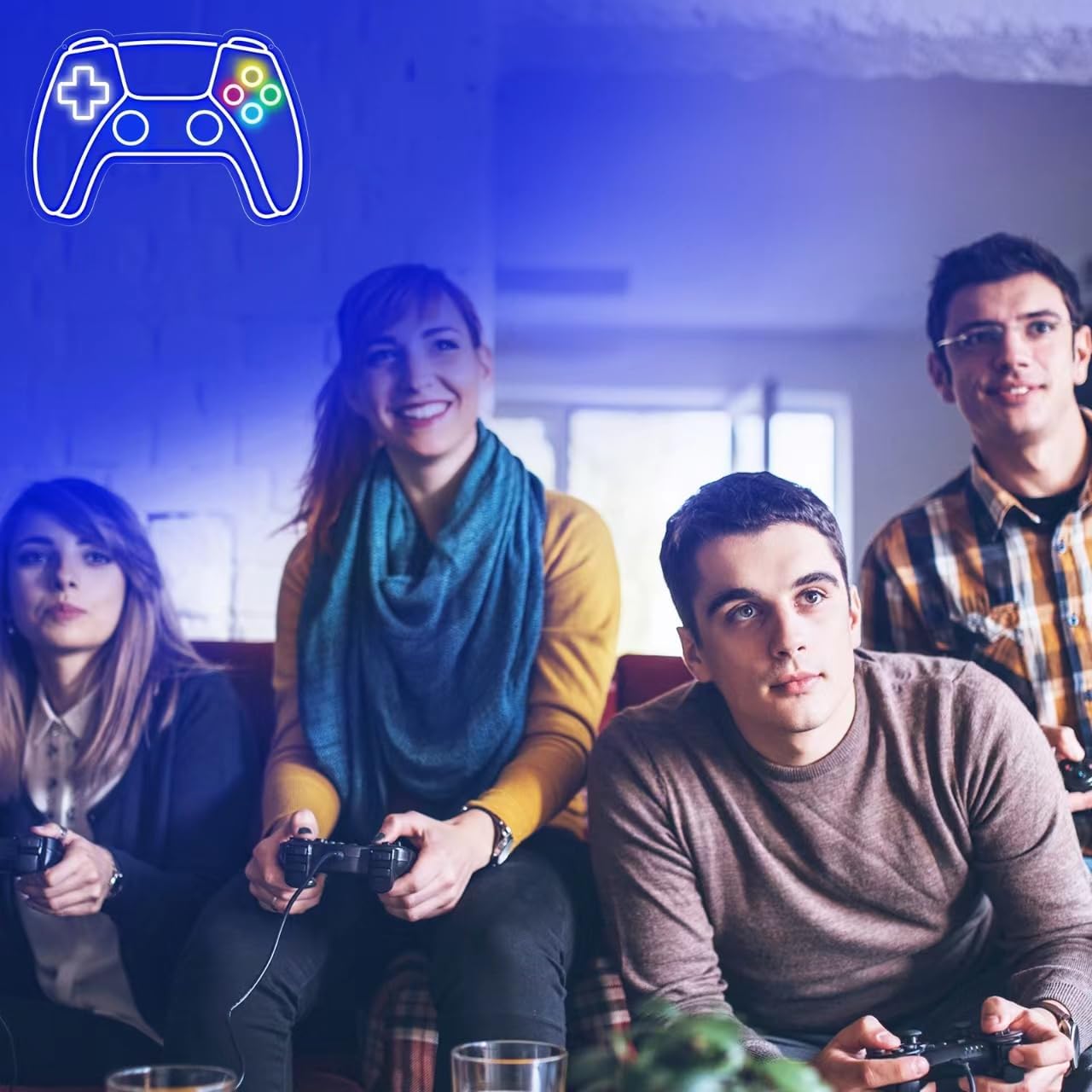 Group of people playing video games together in a room with gaming controller icon.