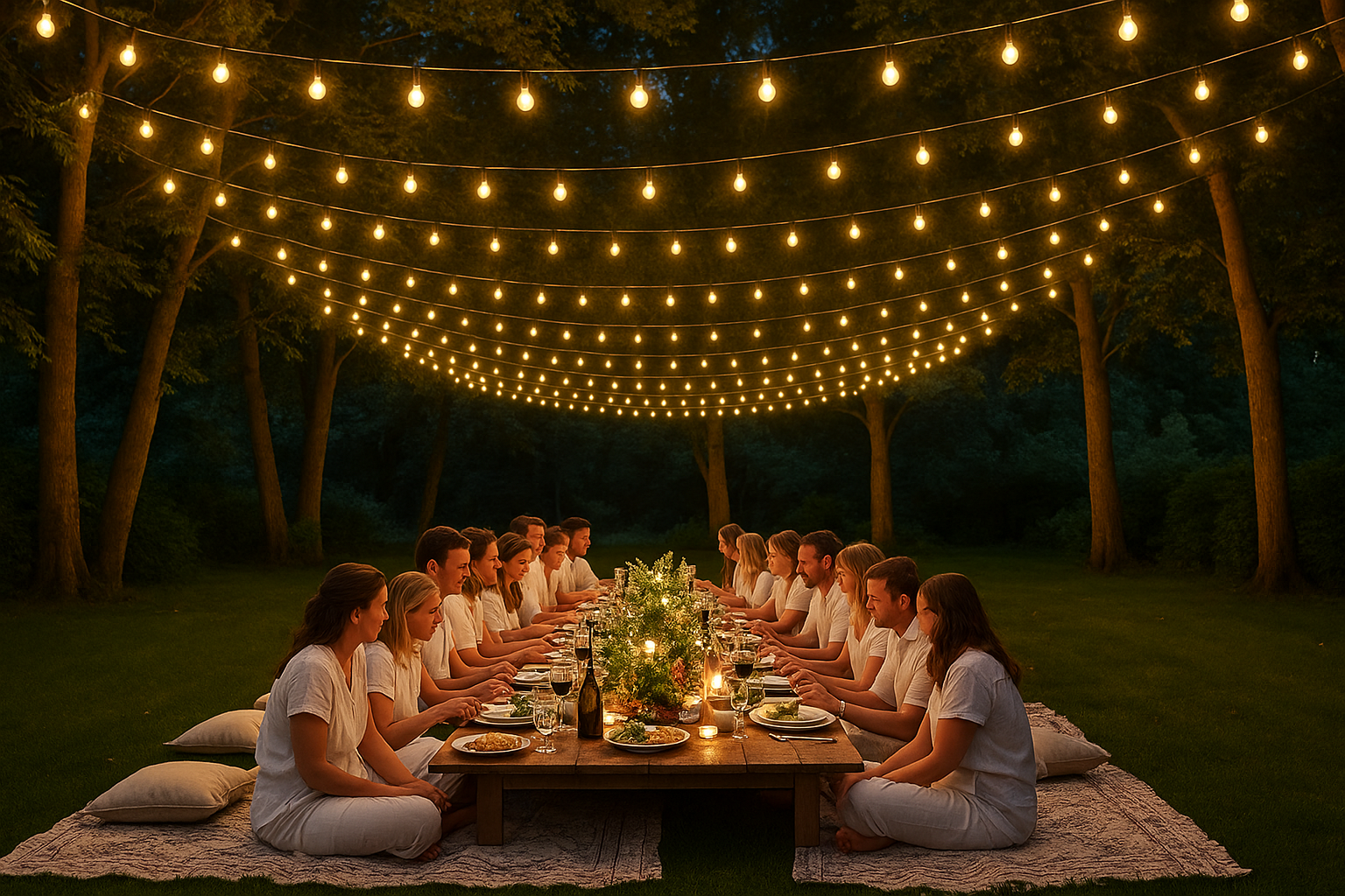Group of people sitting around a table under string lights in a forest setting