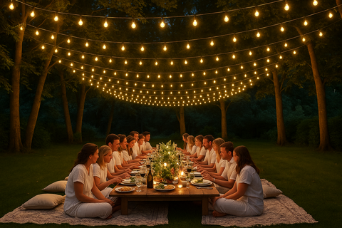 Group of people sitting around a table under string lights in a forest setting