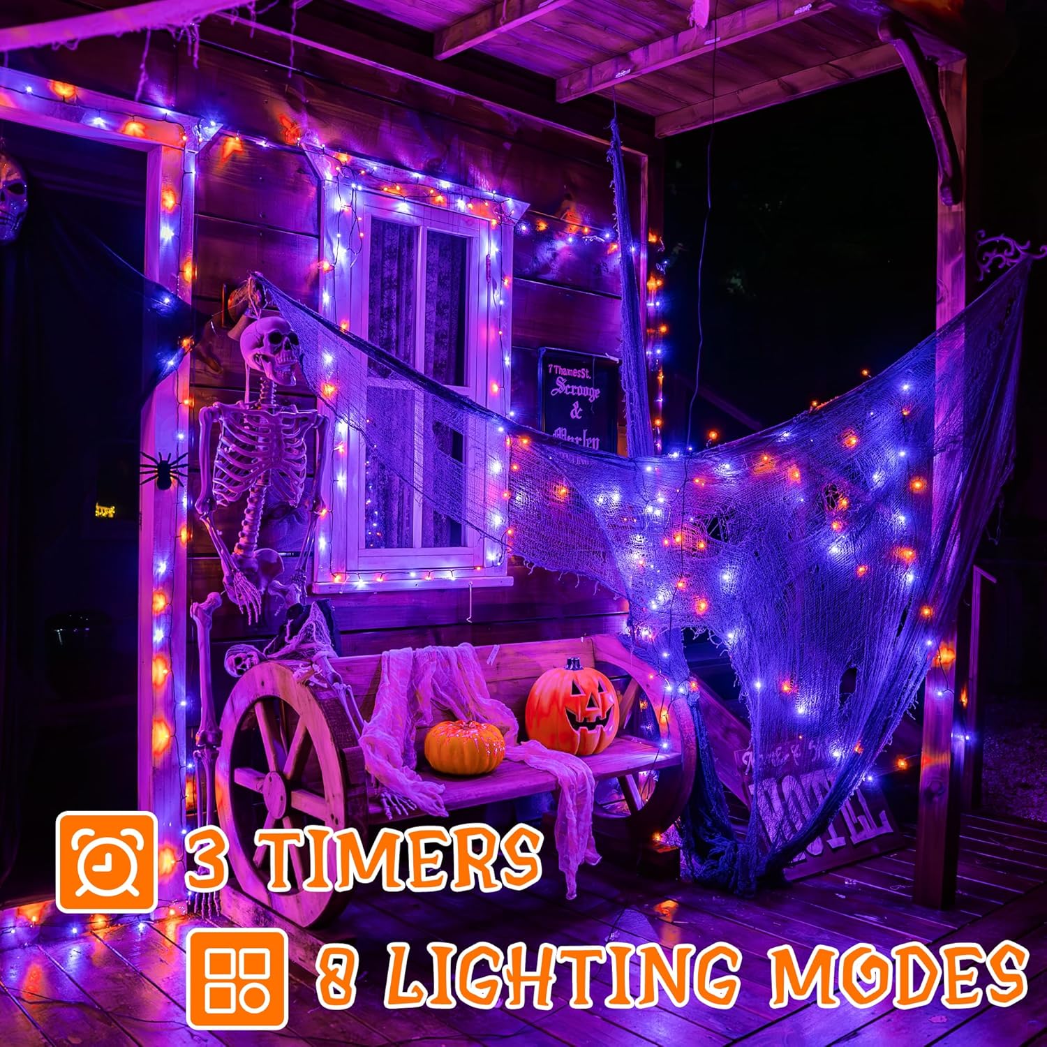 Halloween-themed outdoor setup with lights, skeleton, and pumpkins on a porch.
