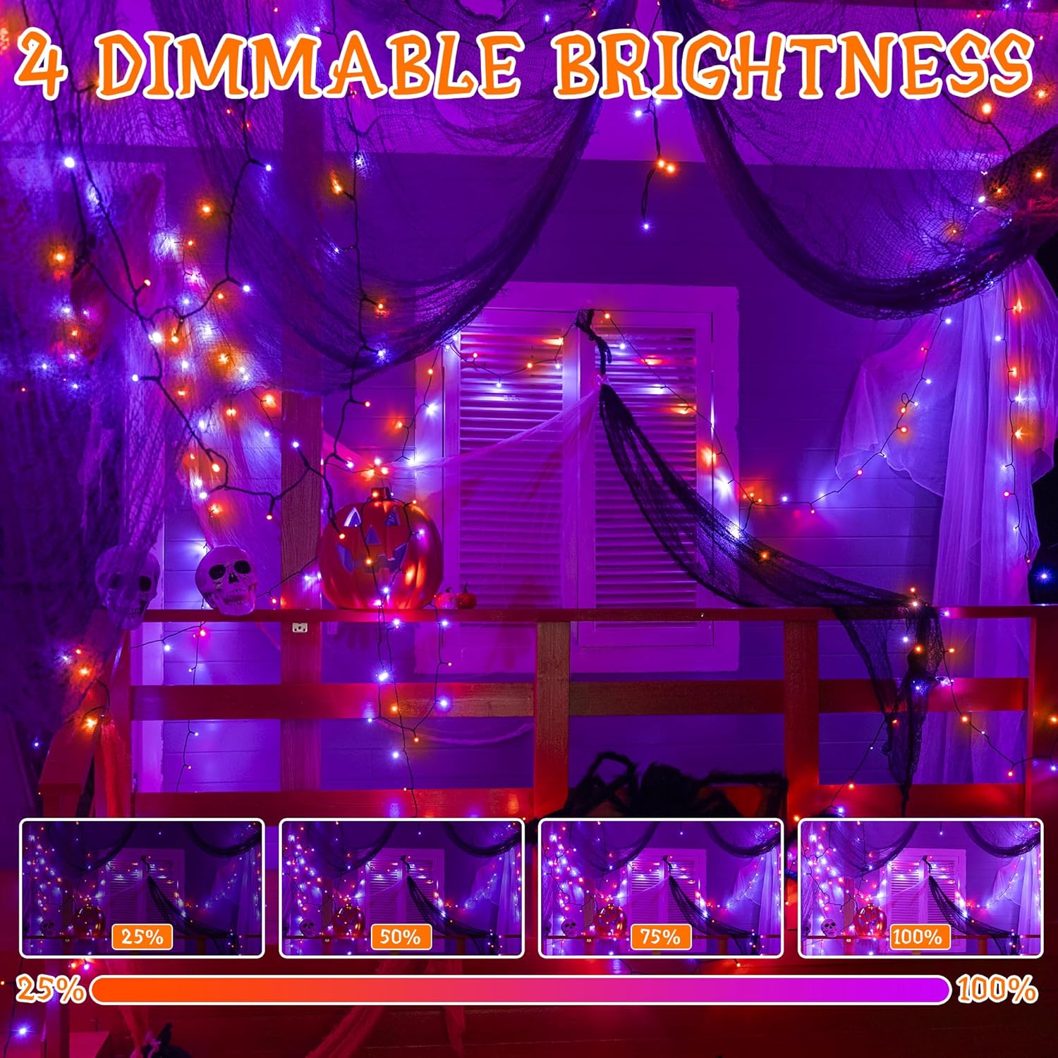 Halloween-themed room with string lights and dimmable brightness control indicators.