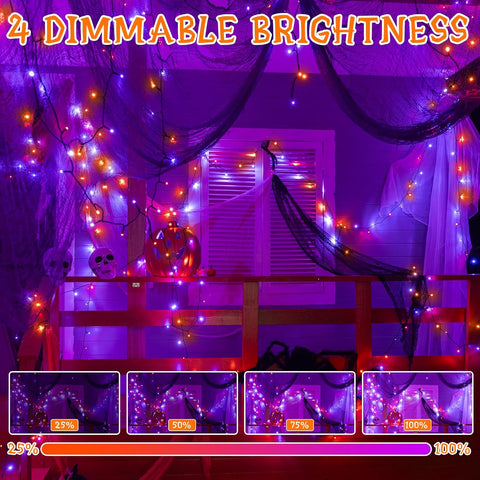 Halloween-themed room with string lights and dimmable brightness control indicators.
