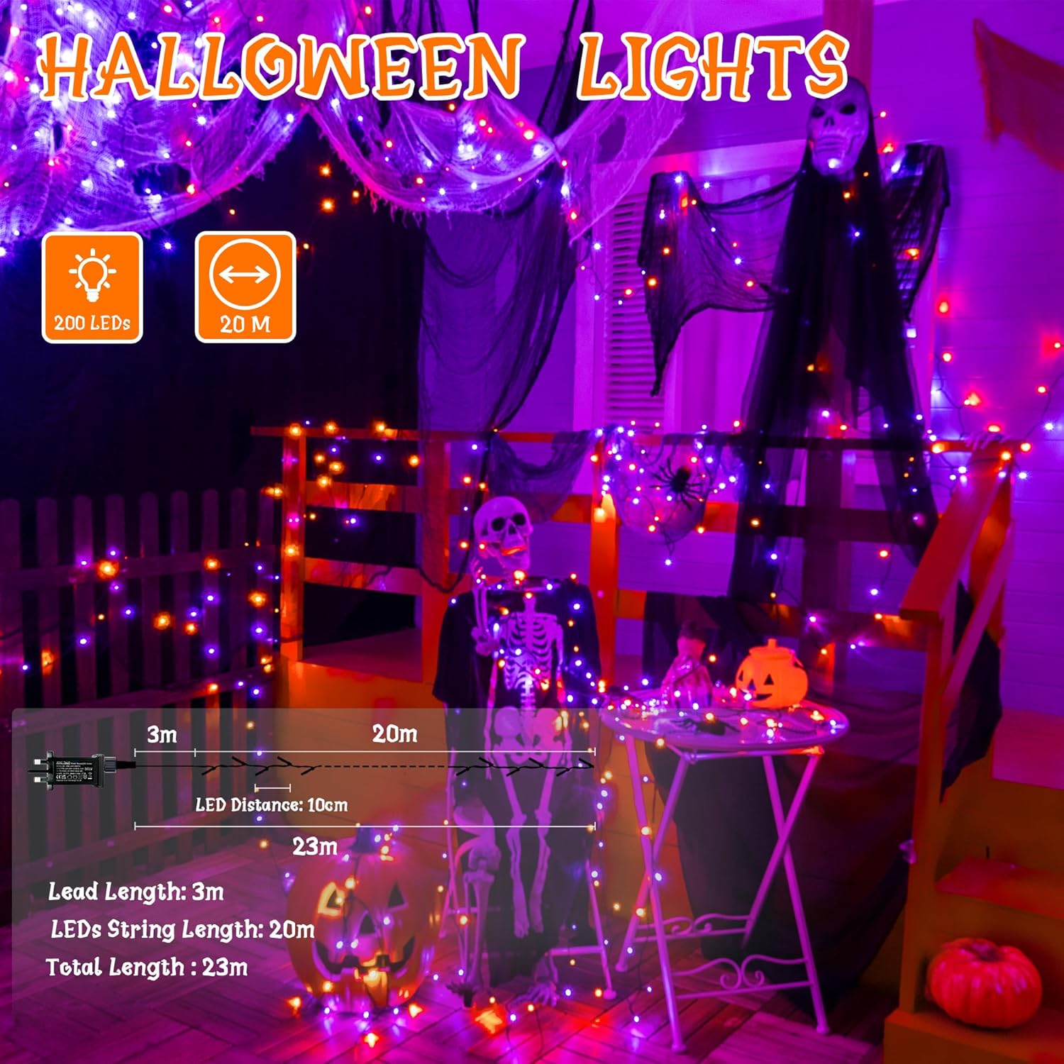 Halloween-themed string lights with decorations and measurements on a dark background