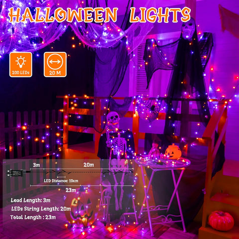 Halloween-themed string lights with decorations and measurements on a dark background