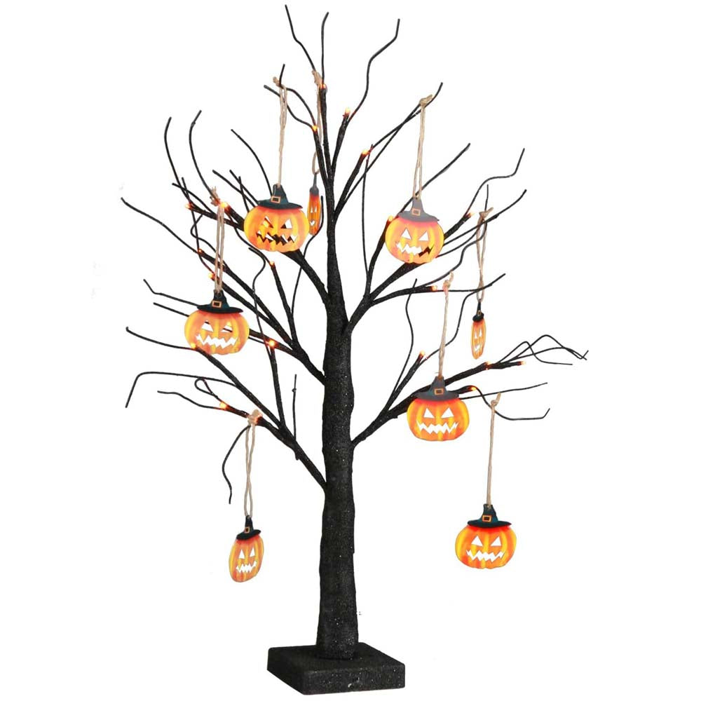 Halloween decorative tree with hanging jack-o'-lantern lights on a white background
