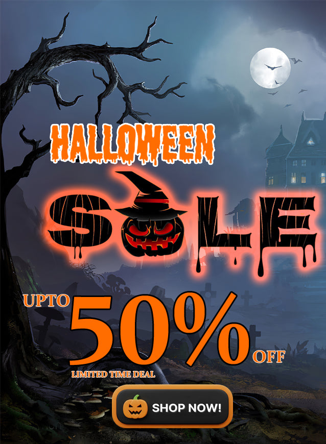 Halloween sale advertisement with pumpkin and haunted house in a dark, spooky setting.