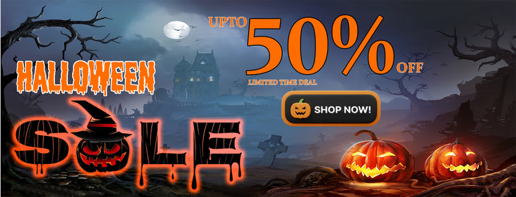 Halloween sale banner with pumpkins, haunted house, and text about discount offer.