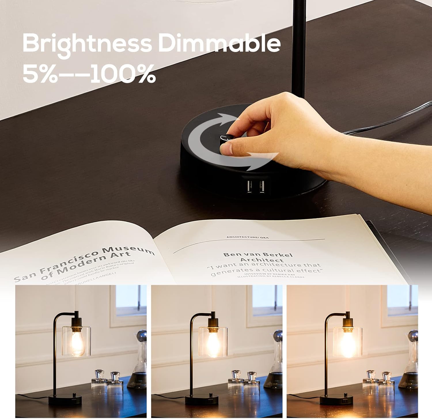 Hand adjusting a dimmable lamp on a table with a book open below.