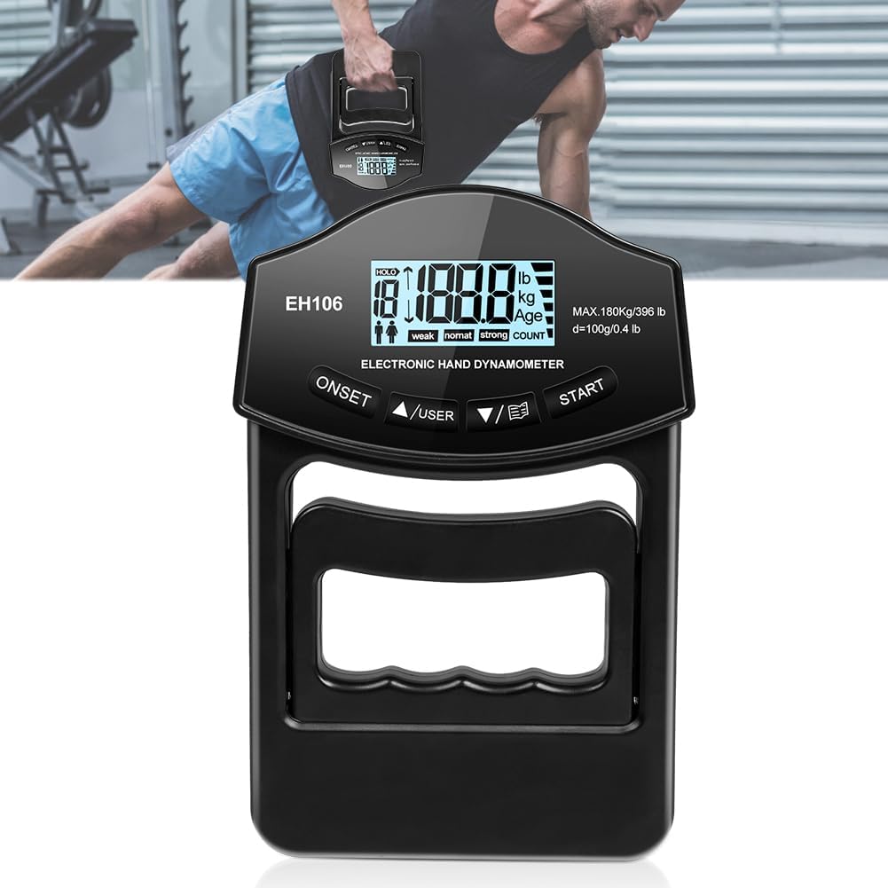 Hand dynamometer with digital display on a white background, with a person using it in the background.