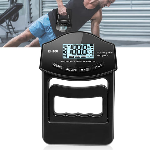 Hand dynamometer with digital display on a white background, with a person using it in the background.