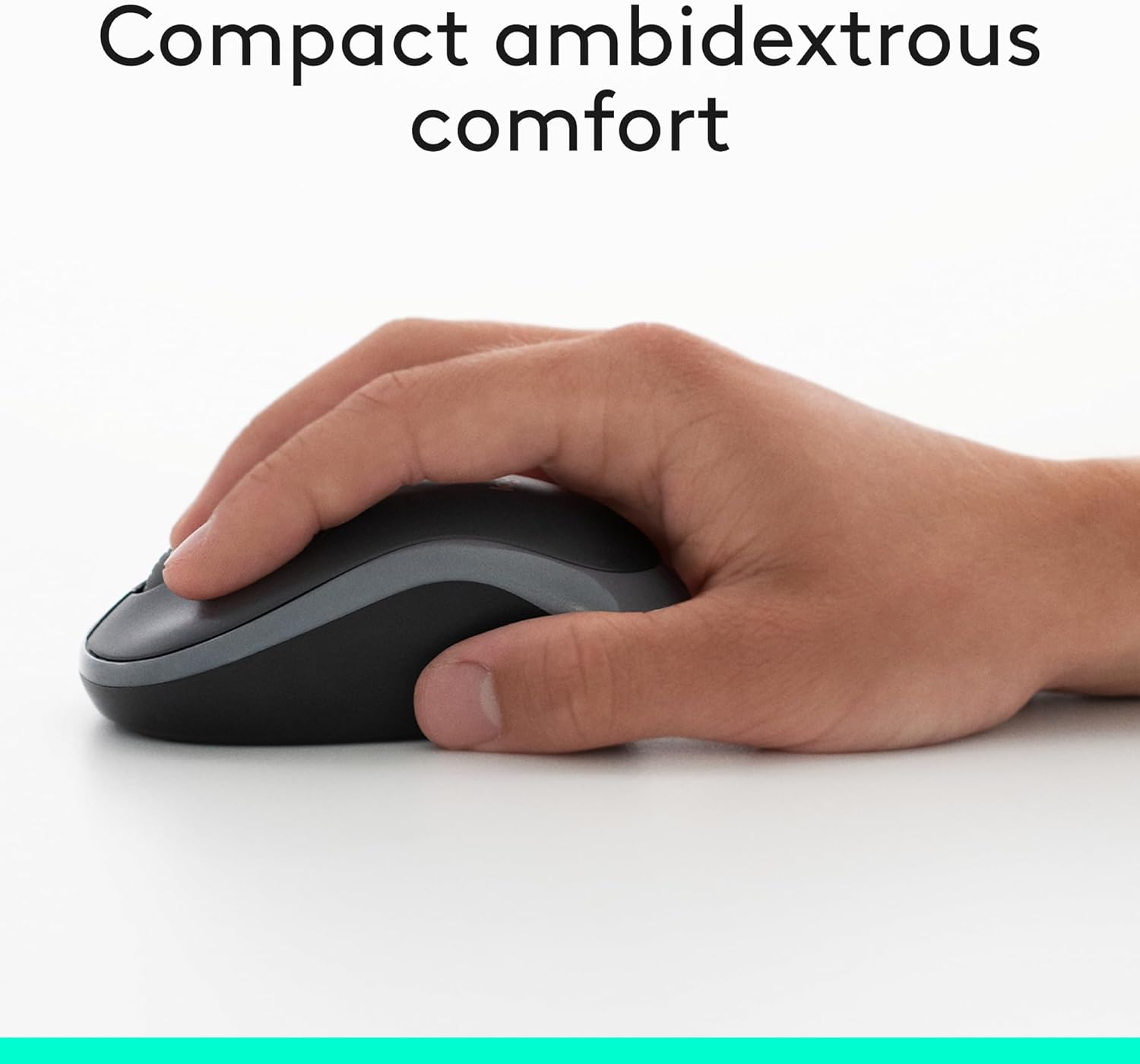 Hand holding a compact mouse with text 'Compact ambidextrous comfort' on a white background