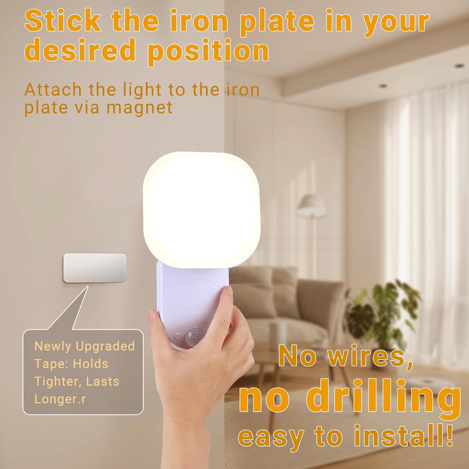Hand holding a light fixture with text on installation instructions in a living room setting.