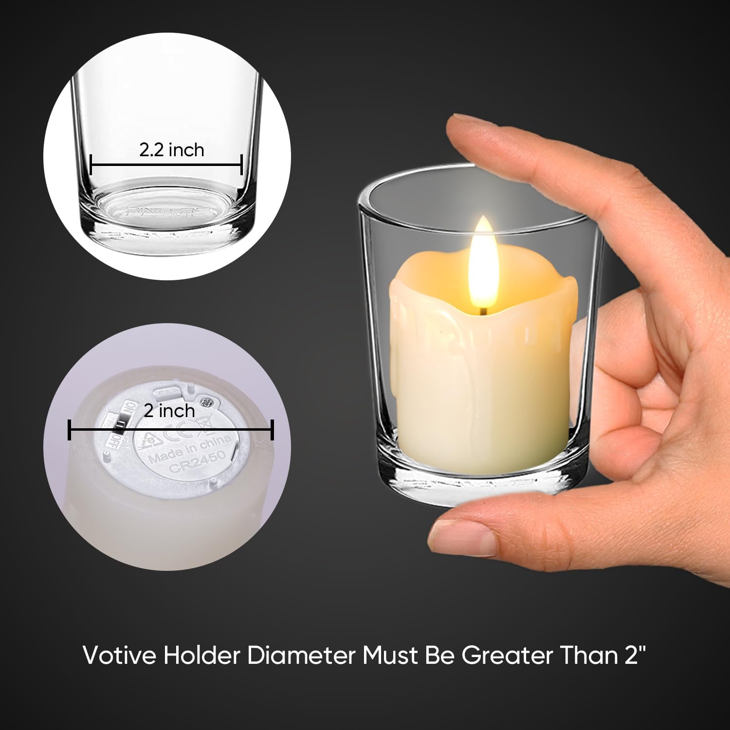 Hand holding a lit candle in a glass holder with measurements on a dark background