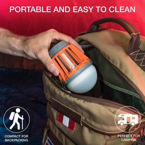 Hand holding a portable light bulb next to an open backpack with text 'Portable and Easy to Clean'.