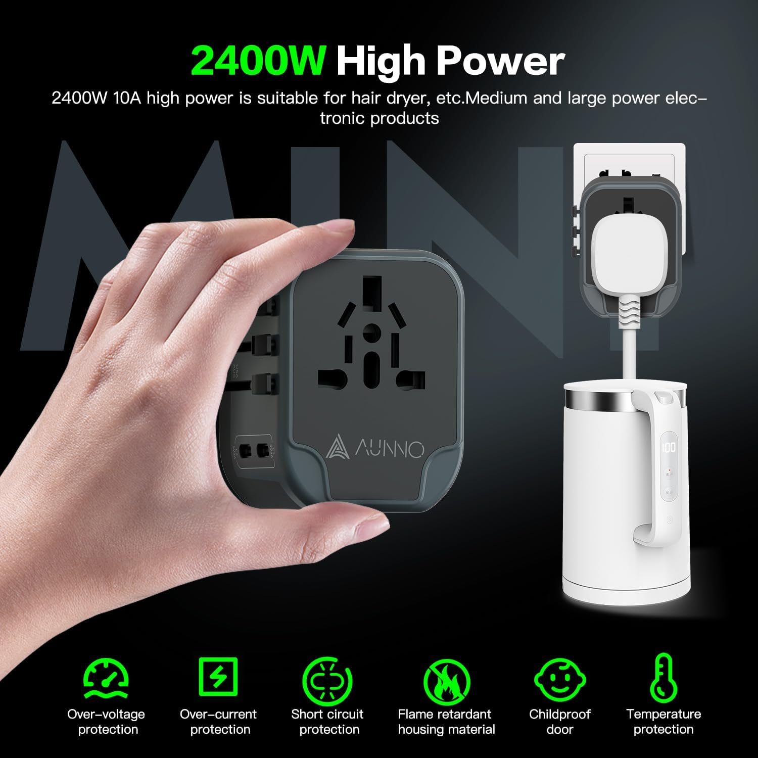 Hand holding a power adapter with a hair dryer and electric kettle in the background, featuring AUNNO branding.