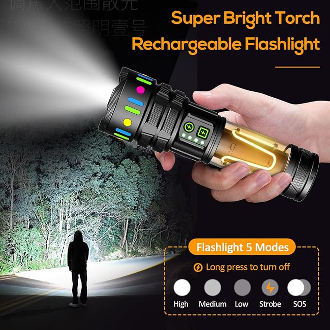 Hand holding a rechargeable flashlight with a bright beam illuminating a dark path, surrounded by trees.