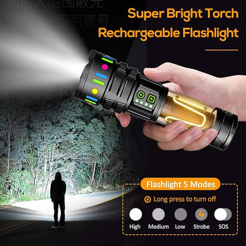 Hand holding a rechargeable flashlight with a bright beam illuminating a dark path, surrounded by trees.