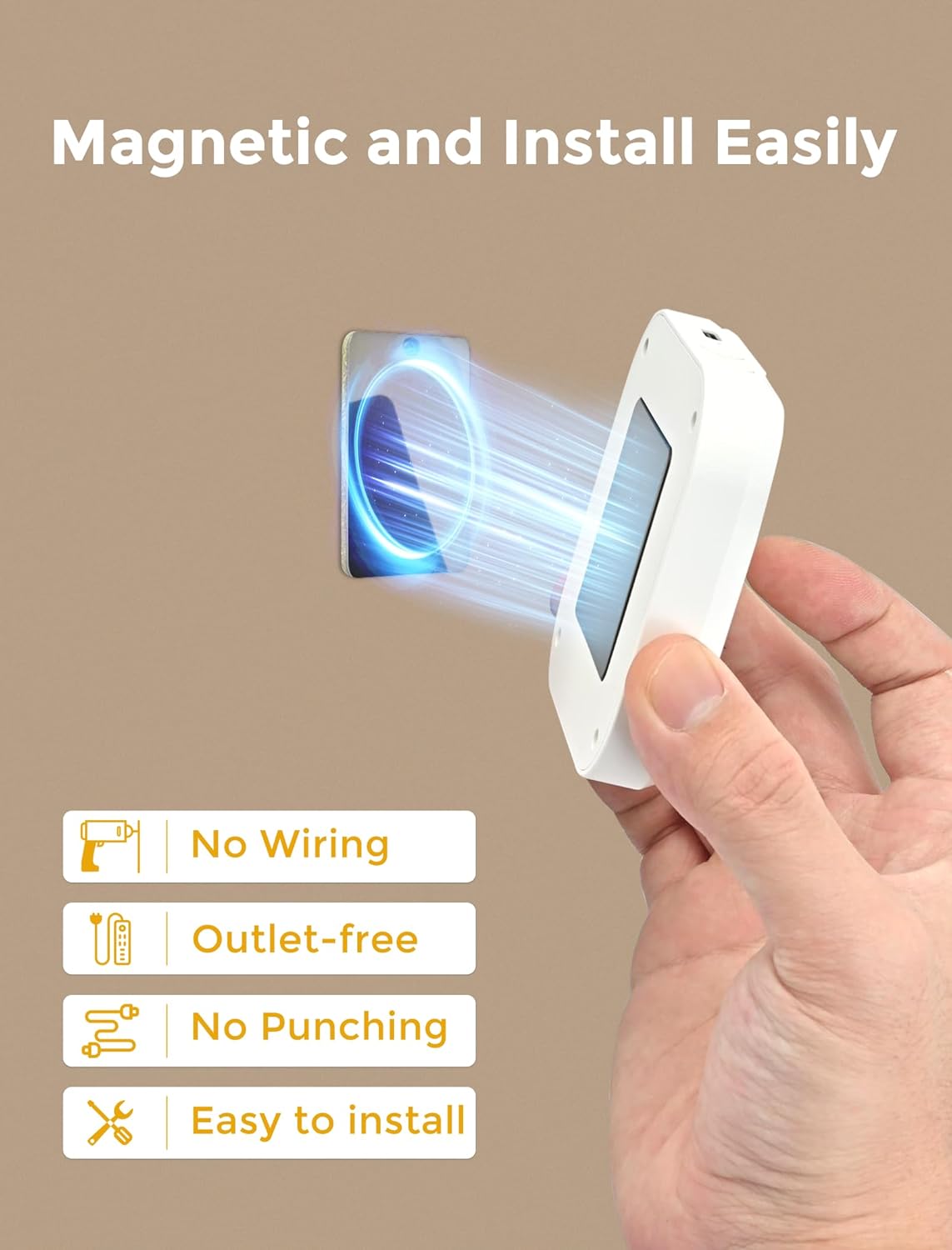 Hand holding a small electronic device with text highlighting features on a beige background