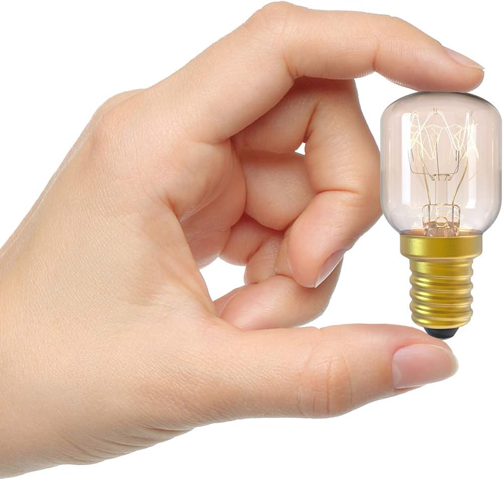 Hand holding a small light bulb against a white background