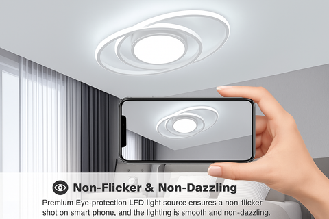 Hand holding a smartphone showing a ceiling light fixture with text about non-flicker and non-dazzling lighting.