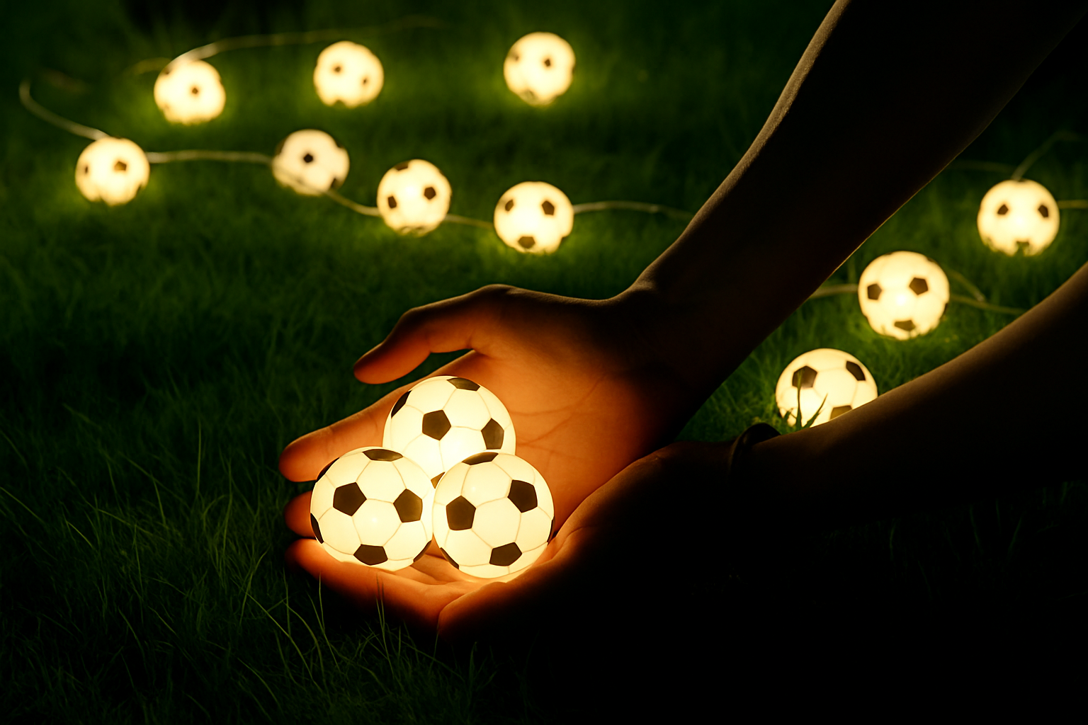 Hand holding glowing soccer ball lights with string lights in the background