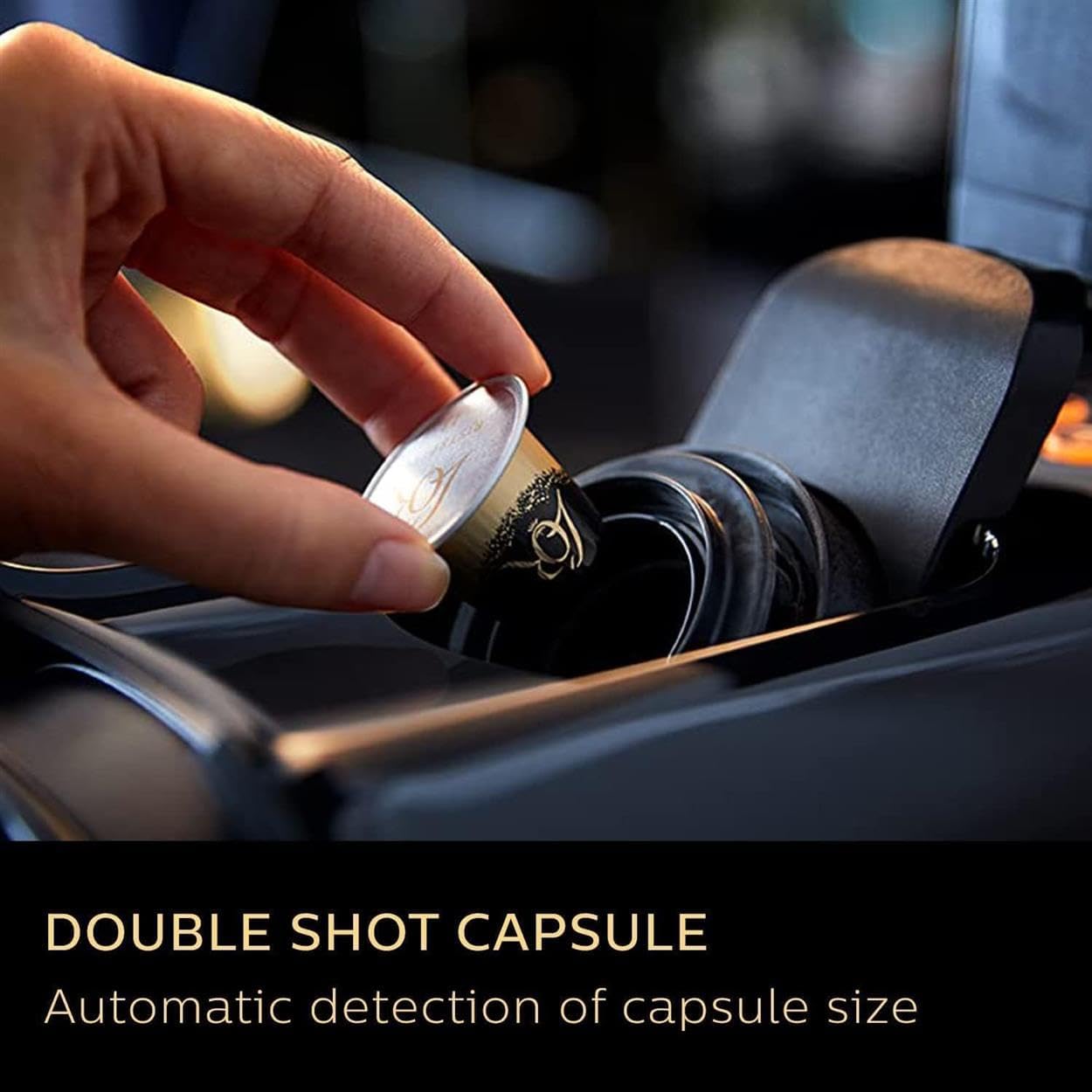 Hand inserting a double shot capsule into a coffee machine with text 'Double Shot Capsule' and 'Automatic detection of capsule size'.