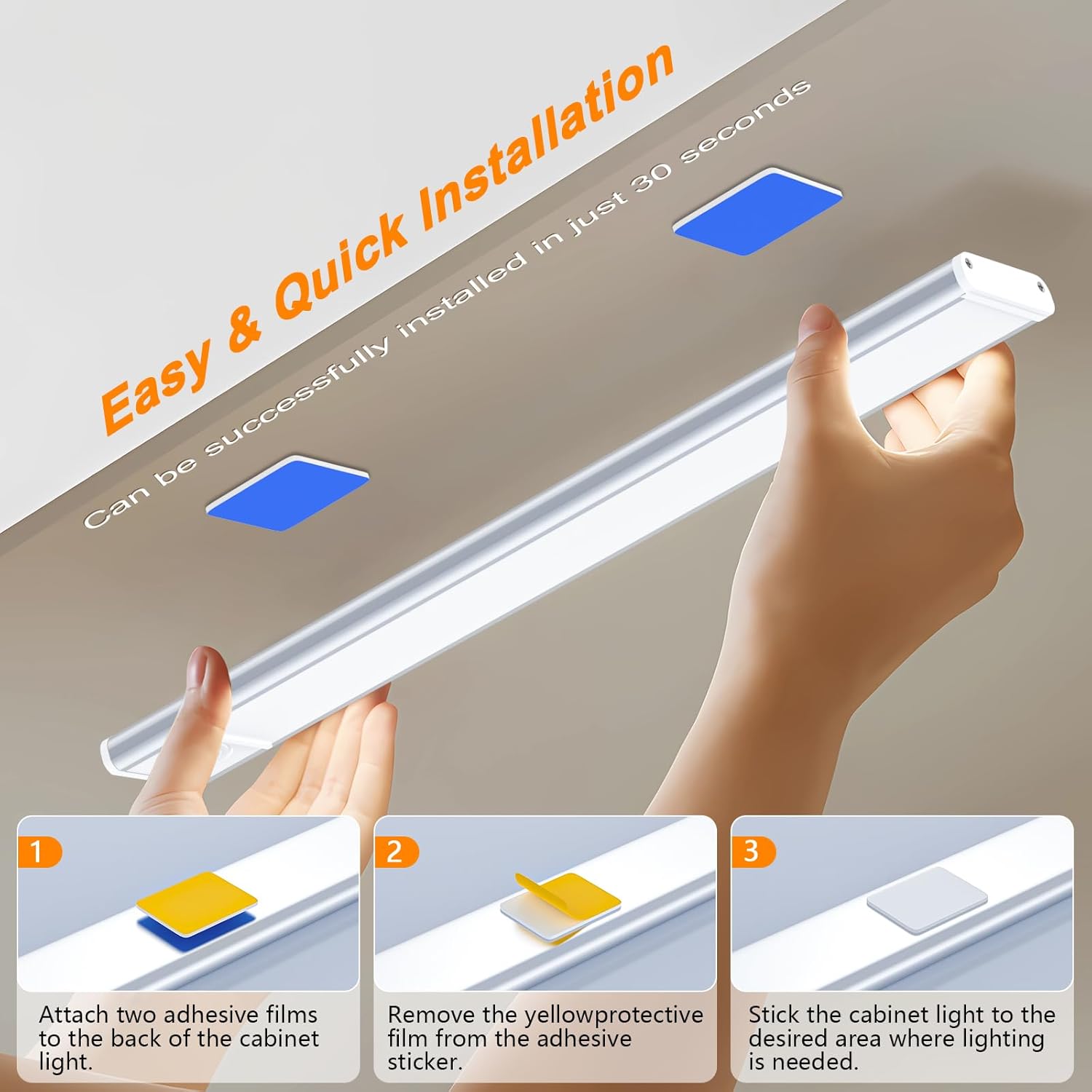 Hand installing a cabinet light strip with text on easy installation and quick time.