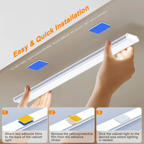 Hand installing a cabinet light strip with text on easy installation and quick time.