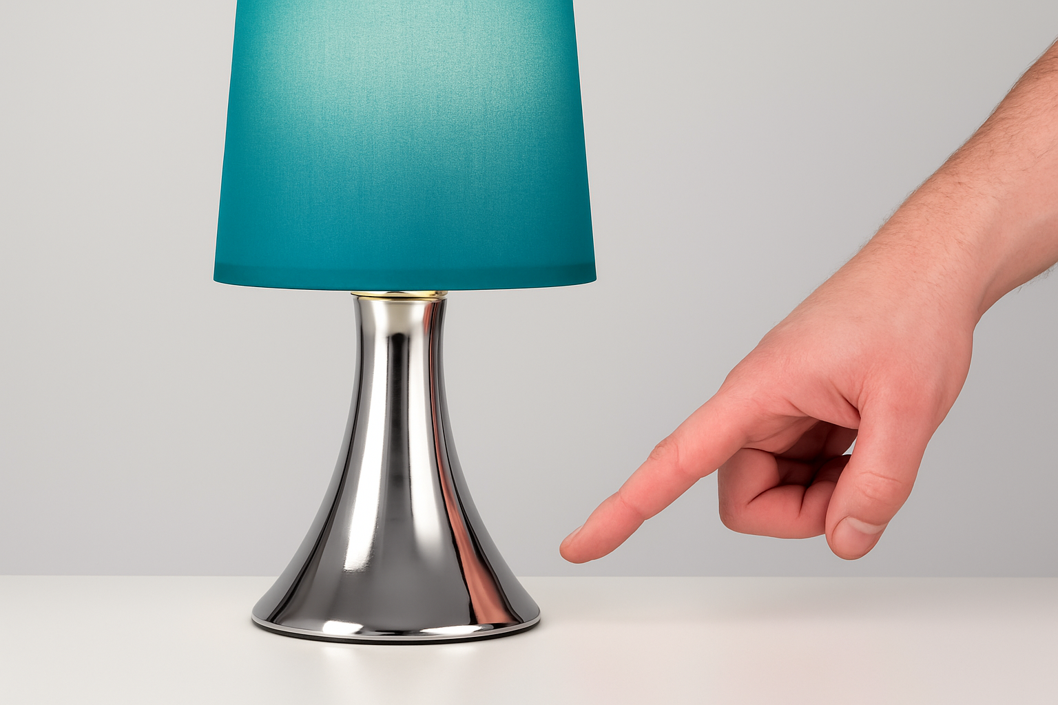 Hand pointing at a small table lamp with a teal shade and silver base on a light gray background