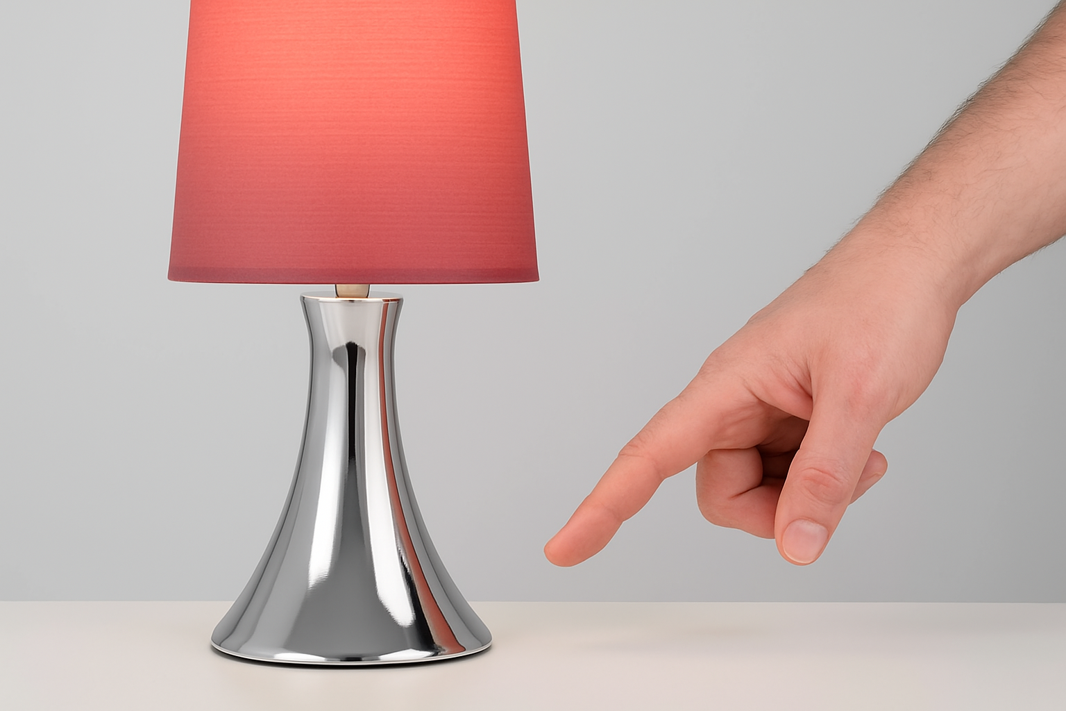 Hand pointing at a table lamp with a red shade on a gray background