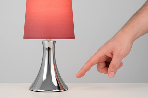 Hand pointing at a table lamp with a red shade on a gray background