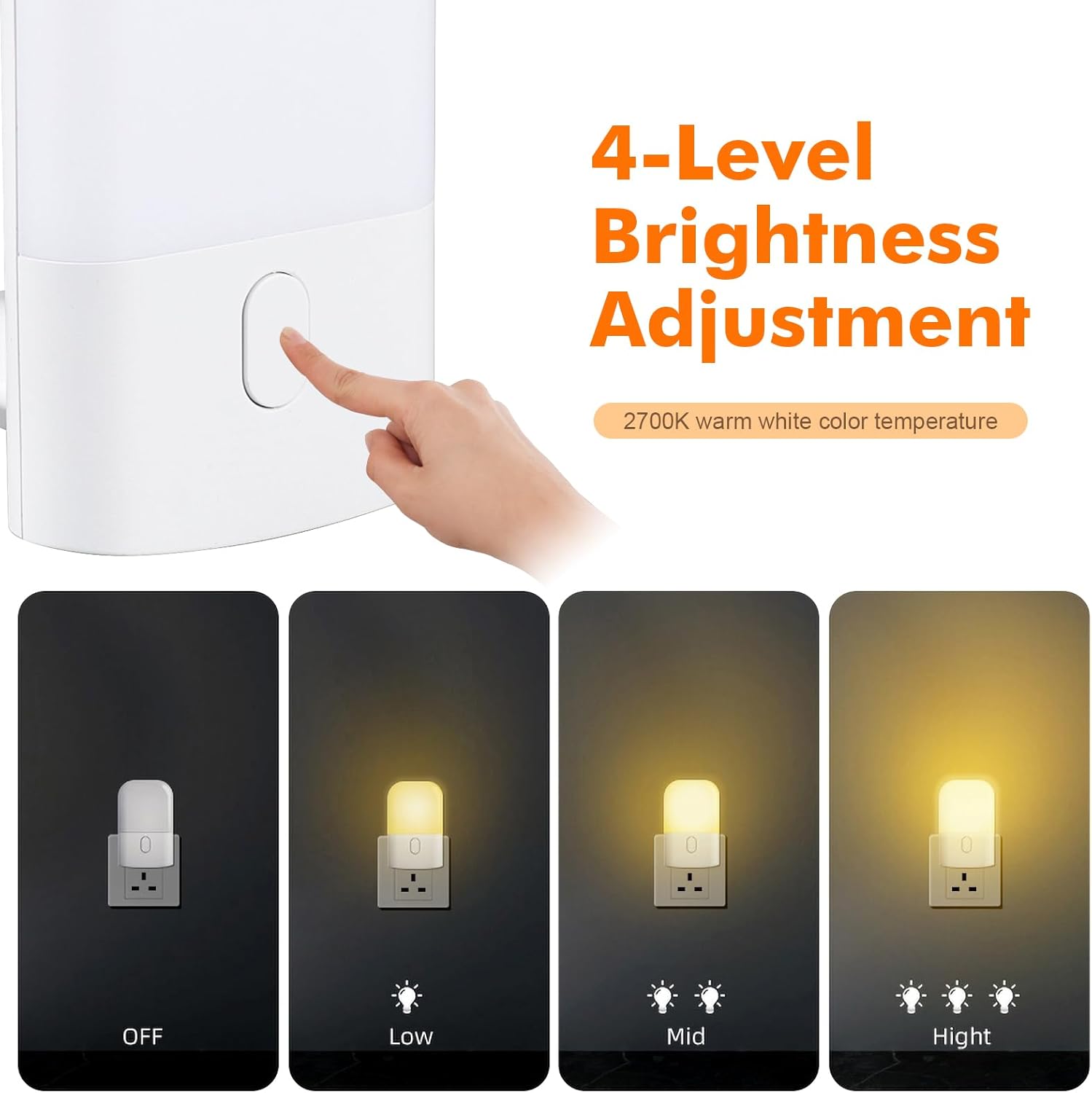 Hand pressing a light switch with four levels of brightness display on a white background