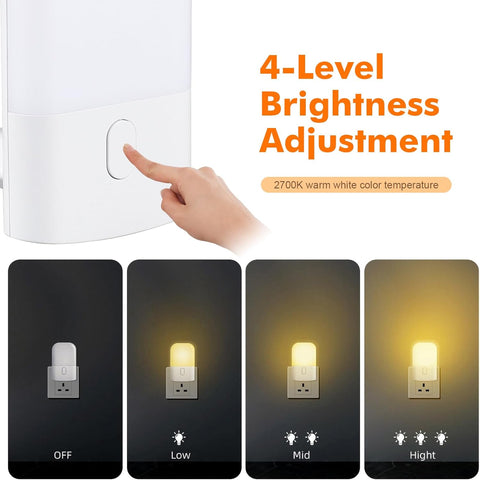 Hand pressing a light switch with four levels of brightness display on a white background