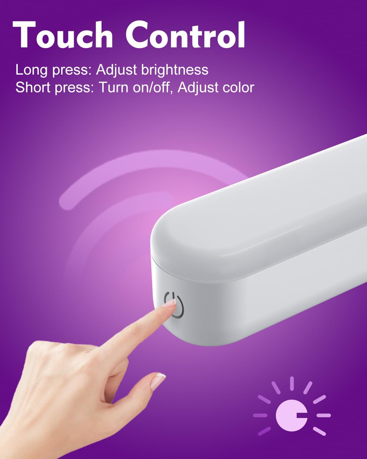 Hand pressing a touch control panel on a purple background with text about touch control functions.