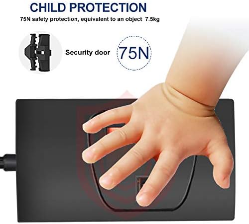 Hand pushing a security door with child protection feature labeled '75N' and '7.5kg'.