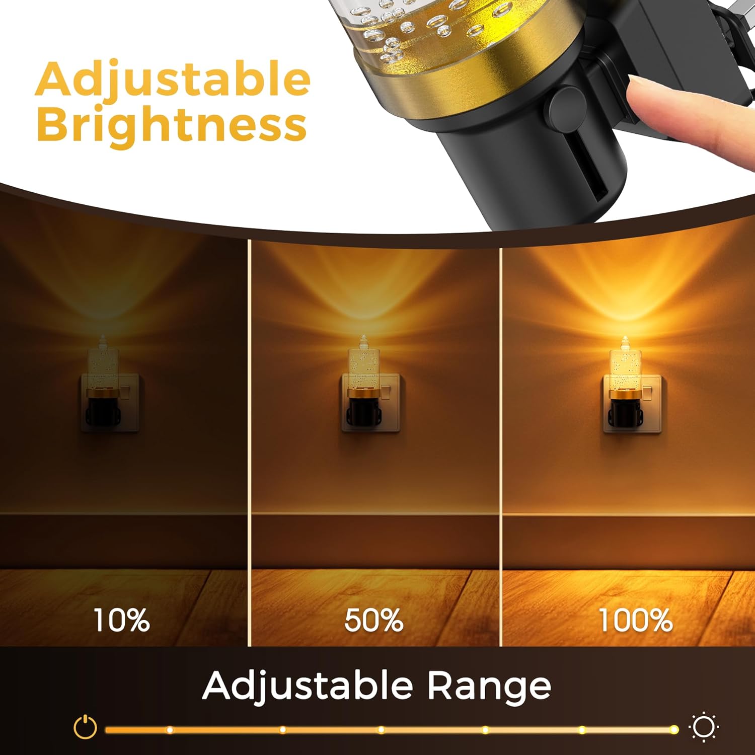 Handheld light source with adjustable brightness shown in three settings on a wooden surface.