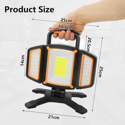 Handheld work light with dimensions labeled on a white background