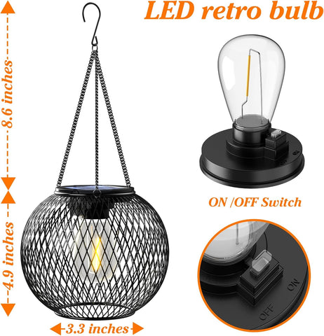 Hanging light fixture with LED retro bulb, dimensions, and on/off switch illustration.