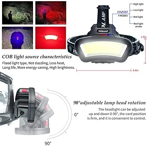 Headlamp with multiple light modes and adjustable head rotation, shown with measurements and features.