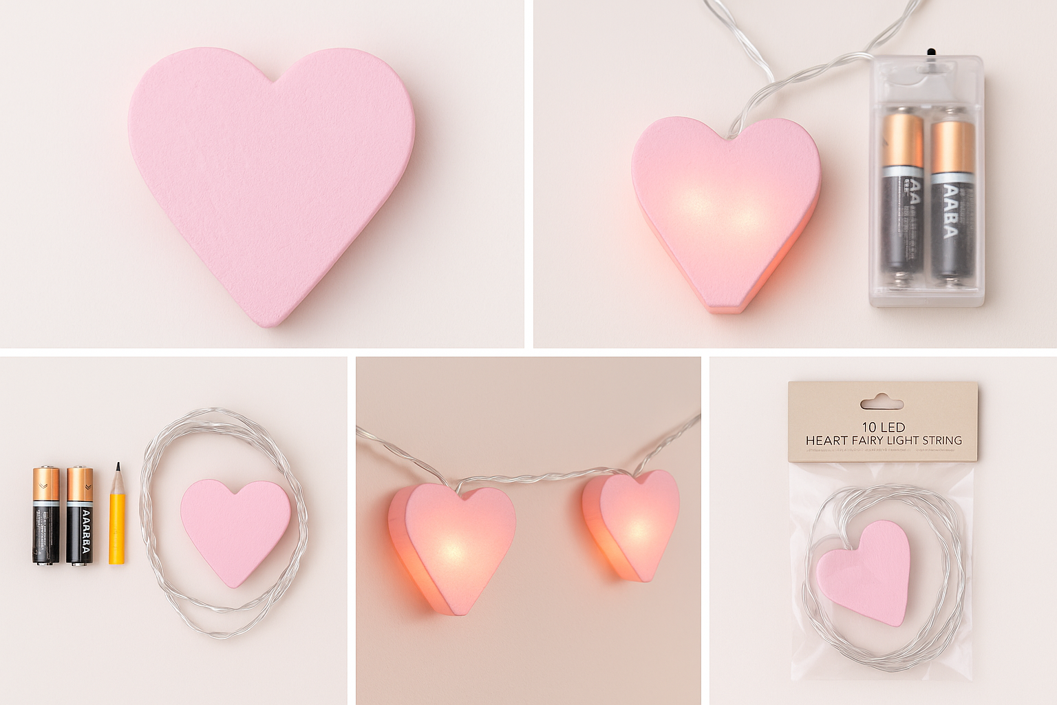 Heart-shaped LED lights with packaging on a white background
