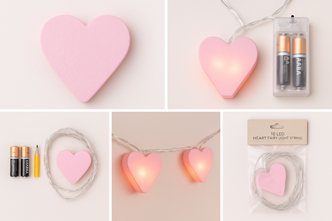 Heart-shaped LED lights with packaging on a white background