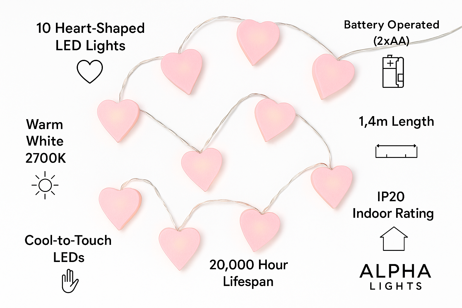 Heart-shaped LED lights with specifications on a white background