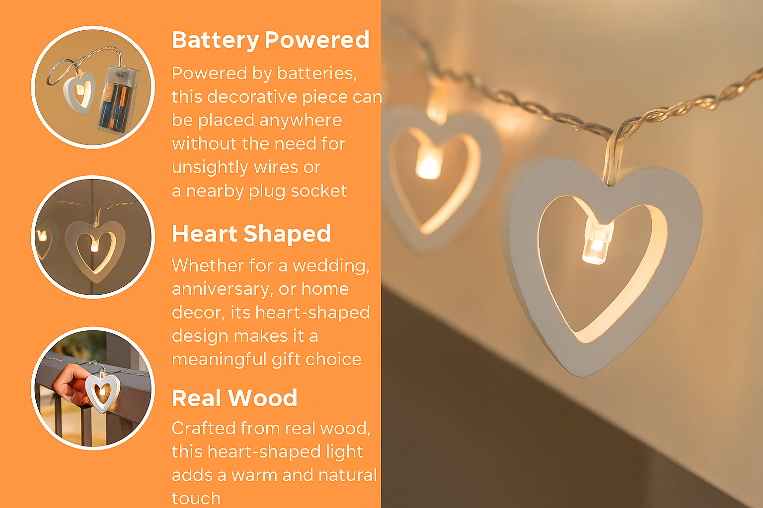 Heart-shaped battery-powered decorative lights with text on an orange background