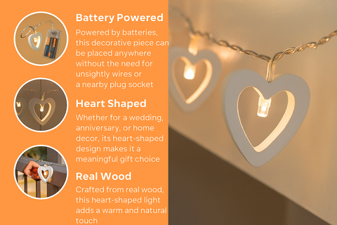 Heart-shaped battery-powered decorative lights with text on an orange background