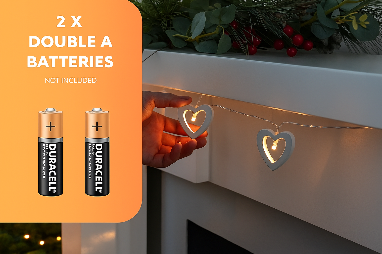 Heart-shaped lights with Duracell batteries on an orange background