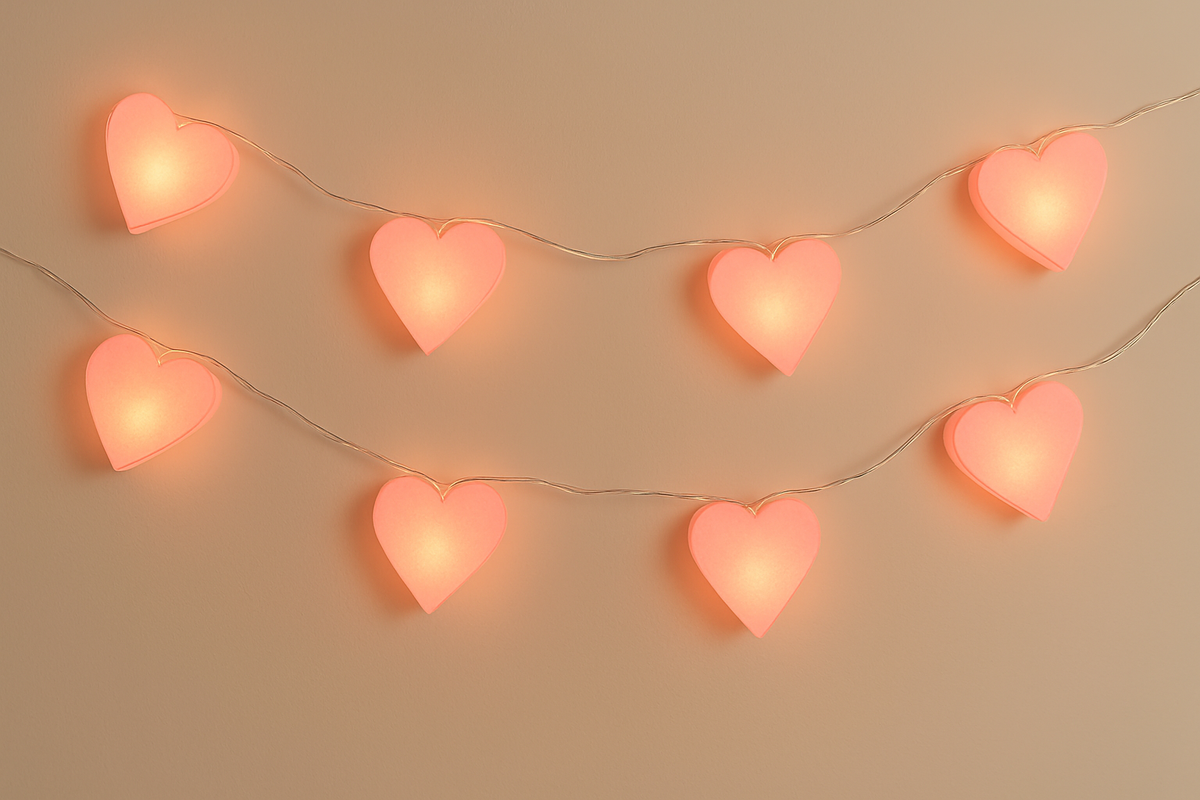Heart-shaped string lights on a beige background