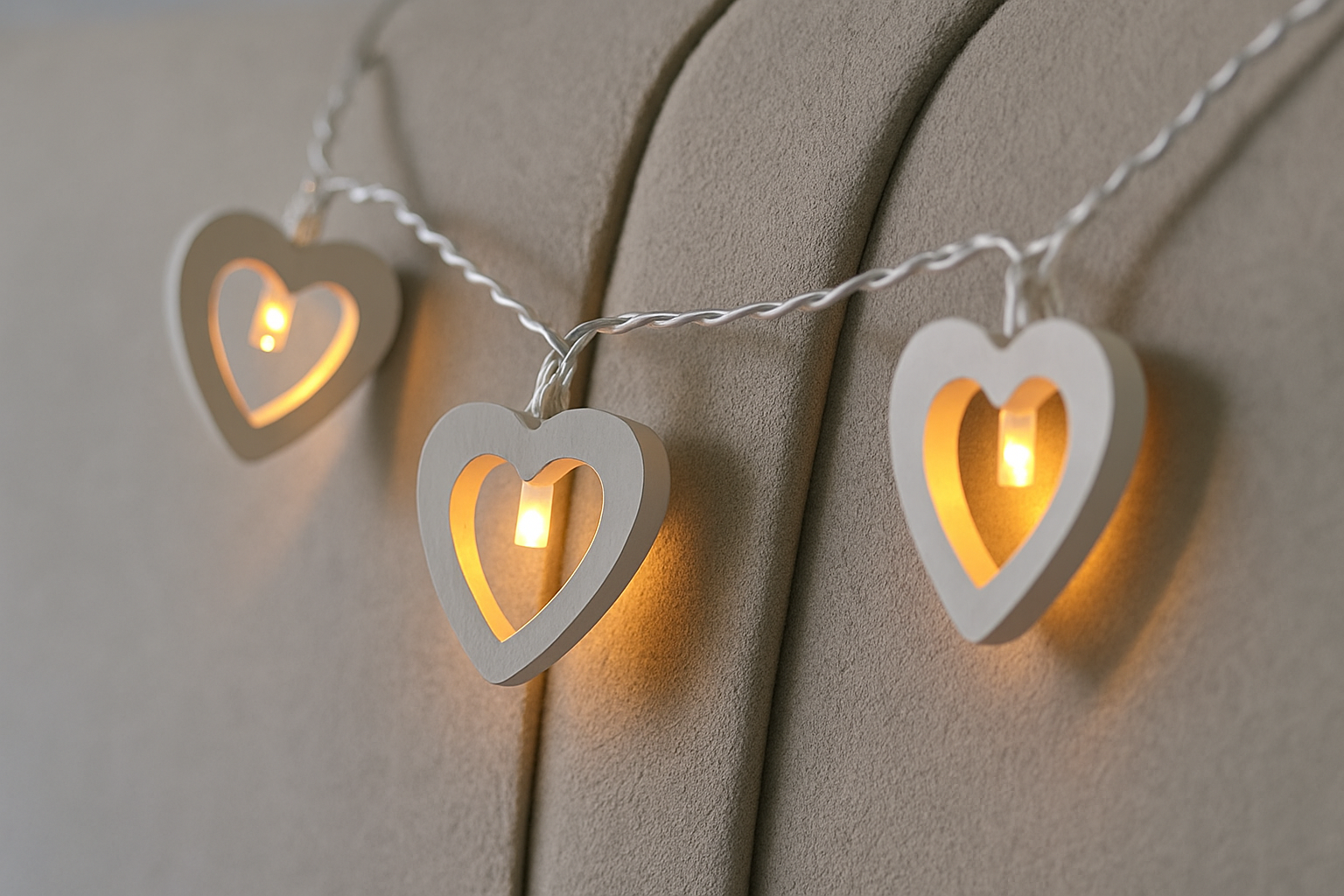 Heart-shaped string lights on a textured surface